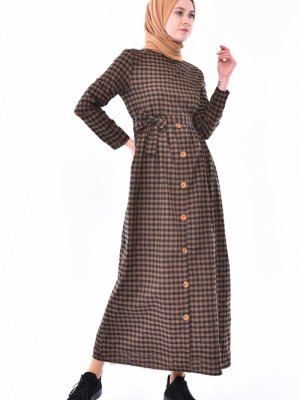 Sefamerve Kahverengi Düğme Detaylı Kareli Elbise