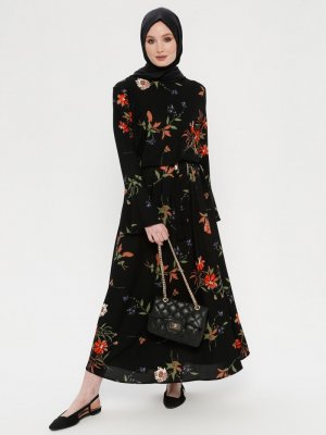 ECESUN Siyah Turuncu Çiçek Desenli Elbise