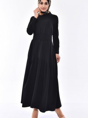 Sefamerve Siyah Oval Büzgülü Kemerli Elbise