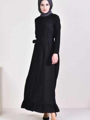 Sefamerve Siyah Büzgülü Kemerli Elbise