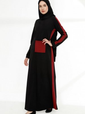 Sefamerve Siyah Bordo Cep Detaylı İki İplik Elbise