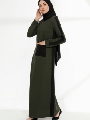 Sefamerve Haki Siyah Cep Detaylı İki İplik Elbise