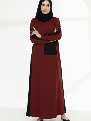 Sefamerve Bordo Siyah Cep Detaylı İki İplik Elbise