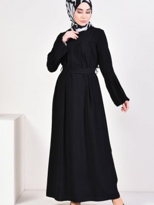Sefamerve Siyah Pileli Kuşaklı Elbise