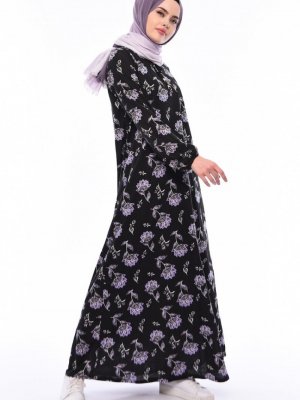 Sefamerve Siyah Lila Desenli Elbise