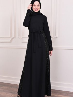 Sefamerve Siyah Payetli Kuşaklı Elbise