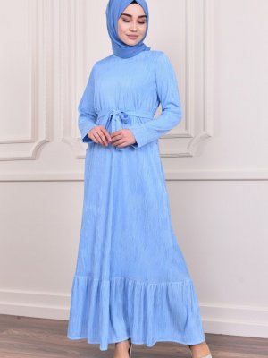 Sefamerve Mavi Eteği Büzgülü Elbise