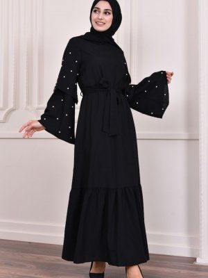 Sefamerve Siyah Kol Detaylı Abaya Elbise
