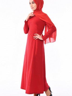 Sefamerve Kırmızı Siyah Kemerli Elbise