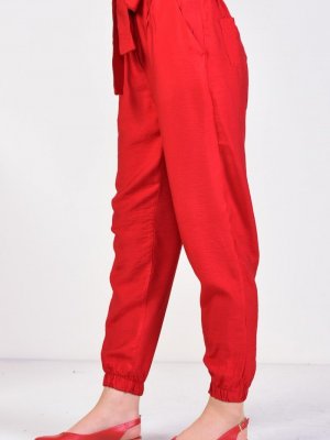 Sefamerve Kırmızı Kuşaklı Fermuarlı Pantolon