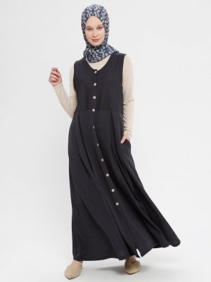 İLMEK TRİKO Antrasit Boydan Düğmeli Kolsuz Elbise