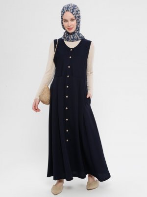 İLMEK TRİKO Lacivert Boydan Düğmeli Kolsuz Elbise