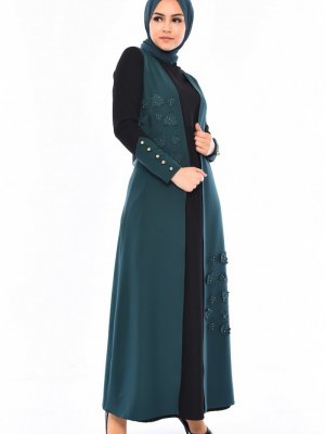 Sefamerve Zümrüt Yeşili İncili Takım Görünümlü Elbise