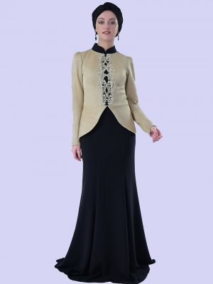 Sew&Design Siyah Gold Simli Peplum Abiye Elbise