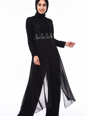 Sefamerve Siyah Beli Taşlı Abiye Elbise Takım