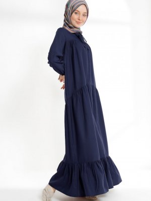 Sefamerve Lacivert Büzgülü Elbise