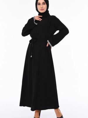 Sefamerve Siyah Kol Detaylı Kuşaklı Elbise