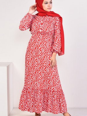 Sefamerve Kırmızı Kolu Lastikli Desenli Elbise
