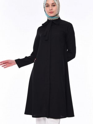 Sefamerve Siyah Kravat Yaka Uzun Tunik