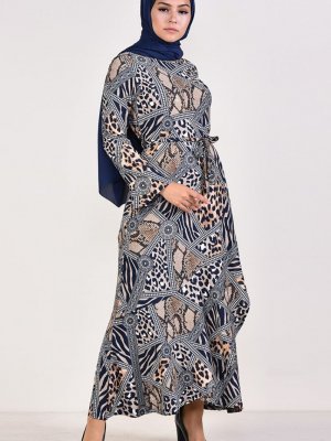 Sefamerve Lacivert Vizon Desenli Kuşaklı Elbise