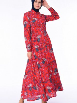 Sefamerve Kırmızı Viskon Desenli Yazlık Elbise