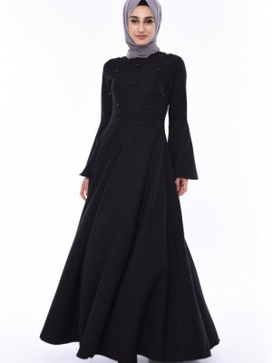 Sefamerve Siyah İspanyol Kol İncili Elbise