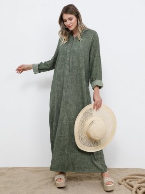 Alia Haki Doğal Kumaşlı Düğme Detaylı Kapüşonlu Elbise