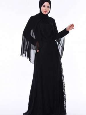 Sefamerve Siyah Büyük Beden Dantel Kaplama Abiye Elbise
