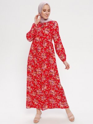ECESUN Kırmızı Yakası Bağcıklı Elbise