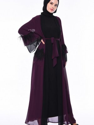 Sefamerve Mor Siyah Tüylü Şifon Abaya