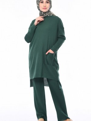 Sefamerve Yeşil Asimetrik Tunik Pantolon İkili Takım