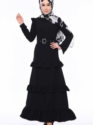 Sefamerve Siyah Kemerli Fırfırlı Elbise