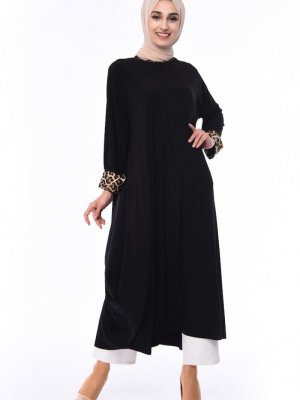 Sefamerve Siyah Sandy Leopar Detaylı Abaya