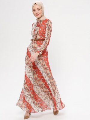Loreen By Puane Karamel Yakası Fiyonk Detaylı Çiçek Desenli Elbise