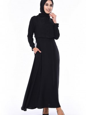Sefamerve Siyah Düğme Detaylı Allerli Elbise