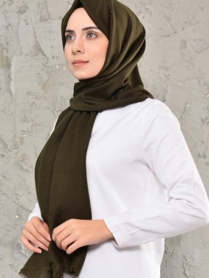 Sefamerve Koyu Haki Düz Cotton Şal