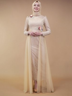 Sew&Design Bej Çiçekli Aplik İşlemeli Abiye Elbise