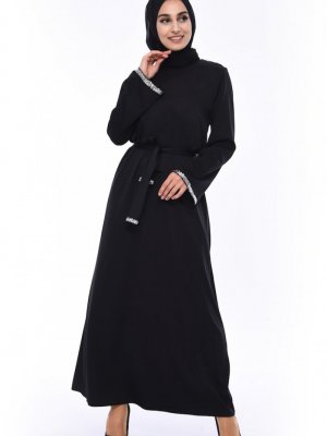 Sefamerve Siyah Payet Detaylı Kuşaklı Elbise