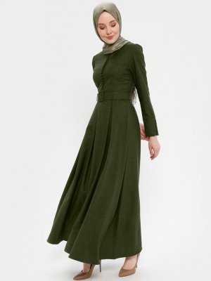 Loreen By Puane Haki Düğme Detaylı Kemerli Elbise