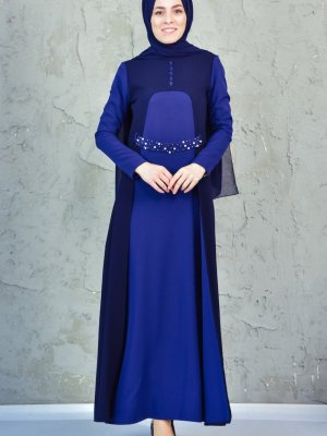 Sefamerve Lacivert İncili Kuşaklı Elbise