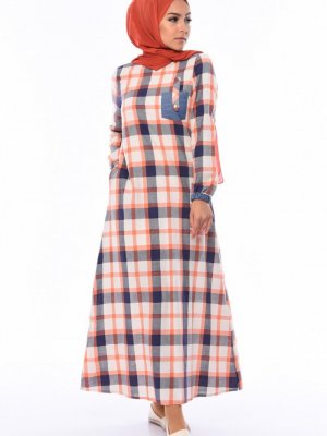 Sefamerve Lacivert Turuncu Kareli Yazlık Elbise