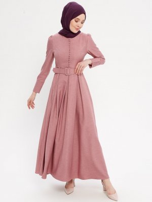 Loreen By Puane Gül Düğme Detaylı Kemerli Elbise