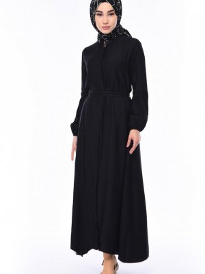 Sefamerve Siyah Aerobin Kumaş Kuşaklı Elbise