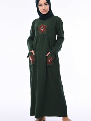 Sefamerve Zümrüt Yeşili Şile Bezi Kuşaklı Elbise