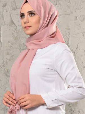 Sefamerve Pudra Düz Püsküllü Mevsimlik Şal