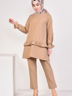 Sefamerve Camel Fırfırlı Tunik Pantolon İkili Takım