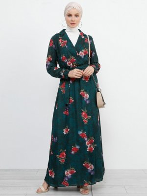 Refka Çimen Yeşili Kruvaze Yaka Çiçekli Elbise