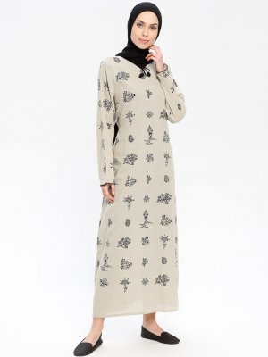 Çıkrıkçı Bej Nefti Şile Bezi Baskılı Elbise