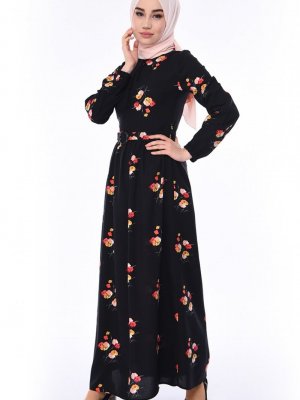 Sefamerve Siyah Mercan Çiçek Desenli Yazlık Elbise