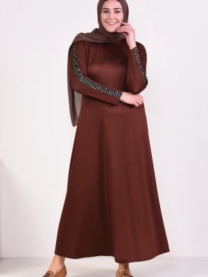 Sefamerve Kahverengi Büyük Beden Pul Detaylı Elbise